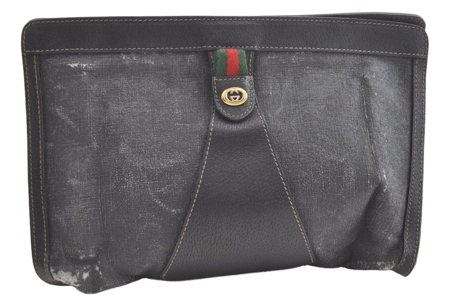 Authentic GUCCI Web Sherry Line Clutch Hand Bag PVC Leather Black Junk 8176J