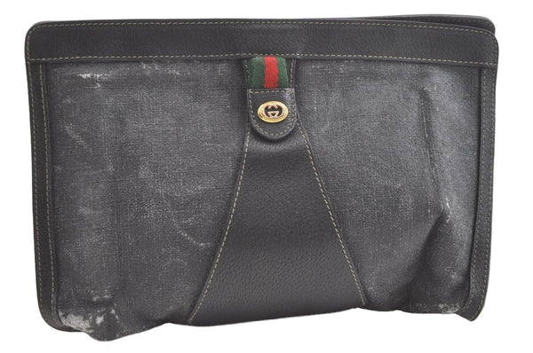 Authentic GUCCI Web Sherry Line Clutch Hand Bag PVC Leather Black Junk 8176J