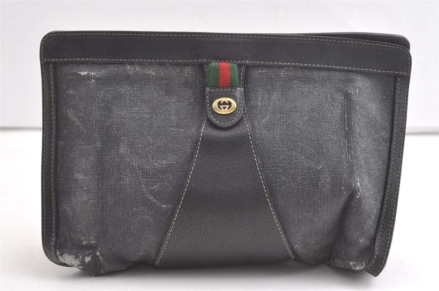 Authentic GUCCI Web Sherry Line Clutch Hand Bag PVC Leather Black Junk 8176J
