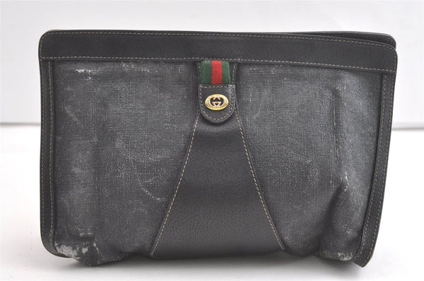 Authentic GUCCI Web Sherry Line Clutch Hand Bag PVC Leather Black Junk 8176J