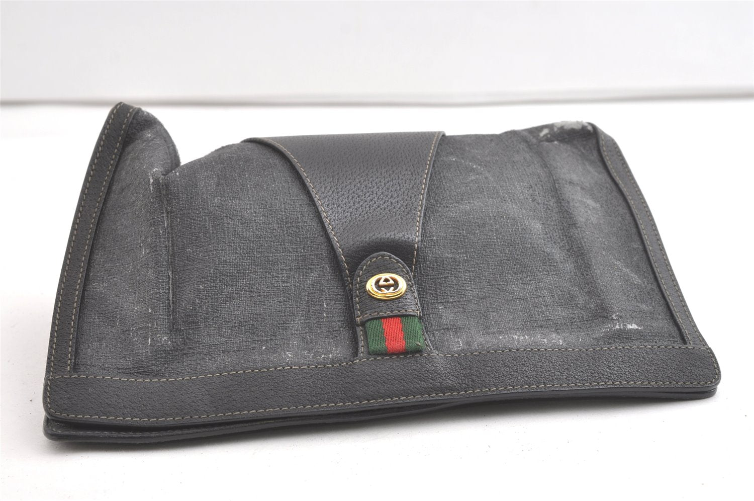 Authentic GUCCI Web Sherry Line Clutch Hand Bag PVC Leather Black Junk 8176J