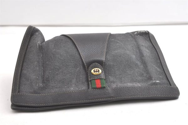 Authentic GUCCI Web Sherry Line Clutch Hand Bag PVC Leather Black Junk 8176J