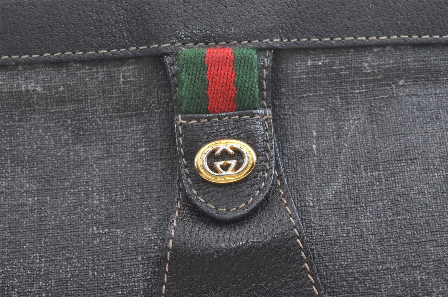 Authentic GUCCI Web Sherry Line Clutch Hand Bag PVC Leather Black Junk 8176J