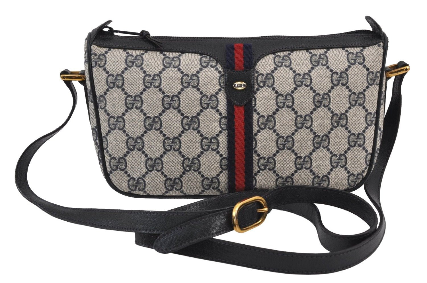 Authentic GUCCI Sherry Line Shoulder Cross Bag GG PVC Leather Navy Blue 8178J