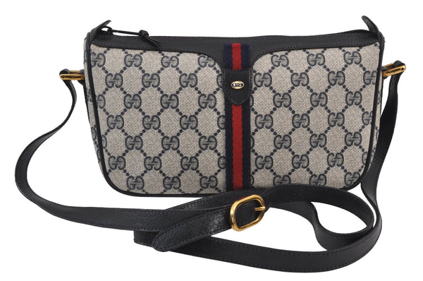 Authentic GUCCI Sherry Line Shoulder Cross Bag GG PVC Leather Navy Blue 8178J
