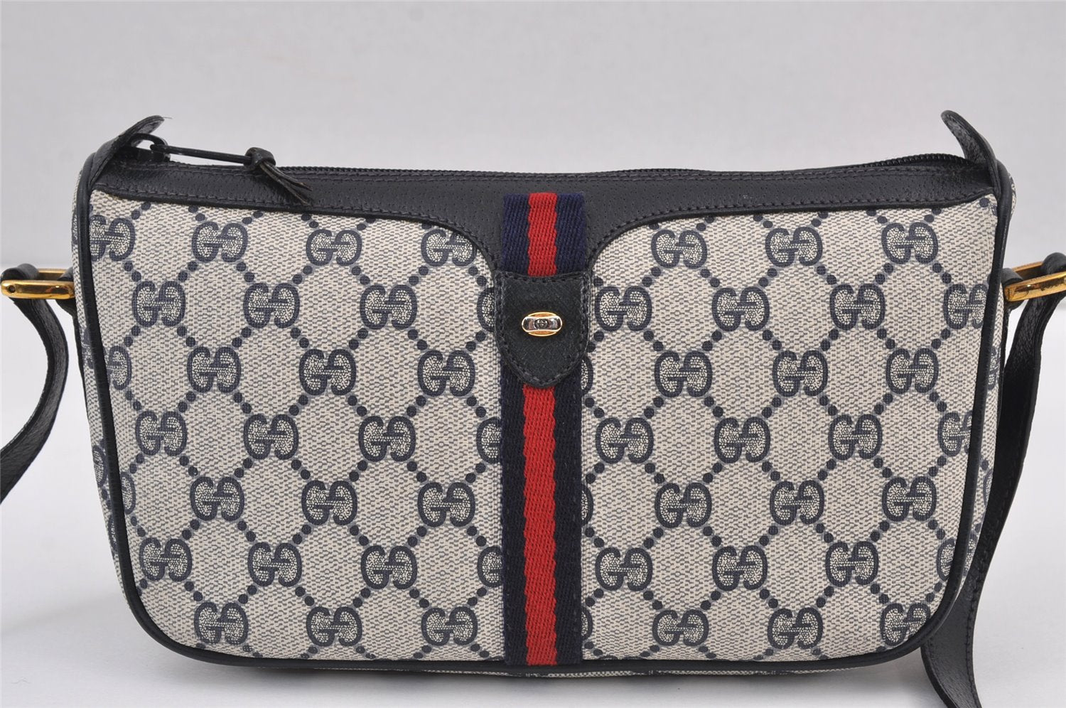 Authentic GUCCI Sherry Line Shoulder Cross Bag GG PVC Leather Navy Blue 8178J