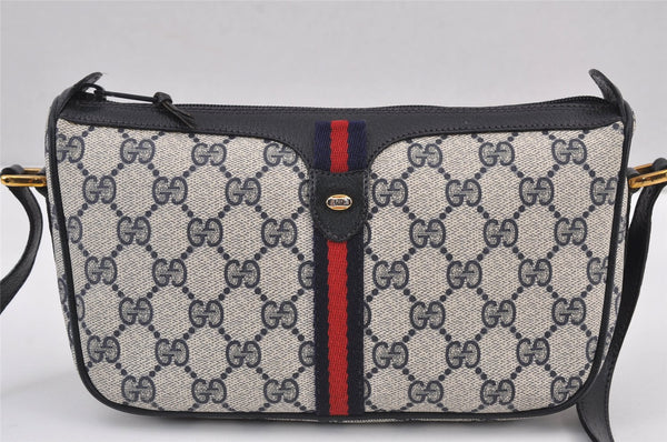 Authentic GUCCI Sherry Line Shoulder Cross Bag GG PVC Leather Navy Blue 8178J