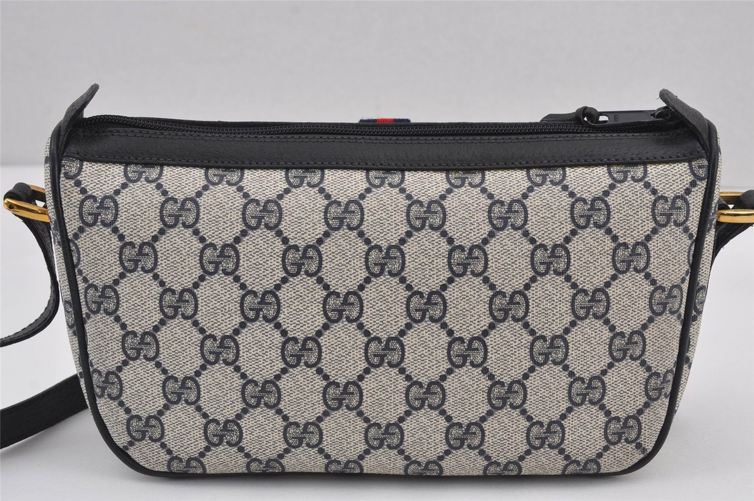 Authentic GUCCI Sherry Line Shoulder Cross Bag GG PVC Leather Navy Blue 8178J