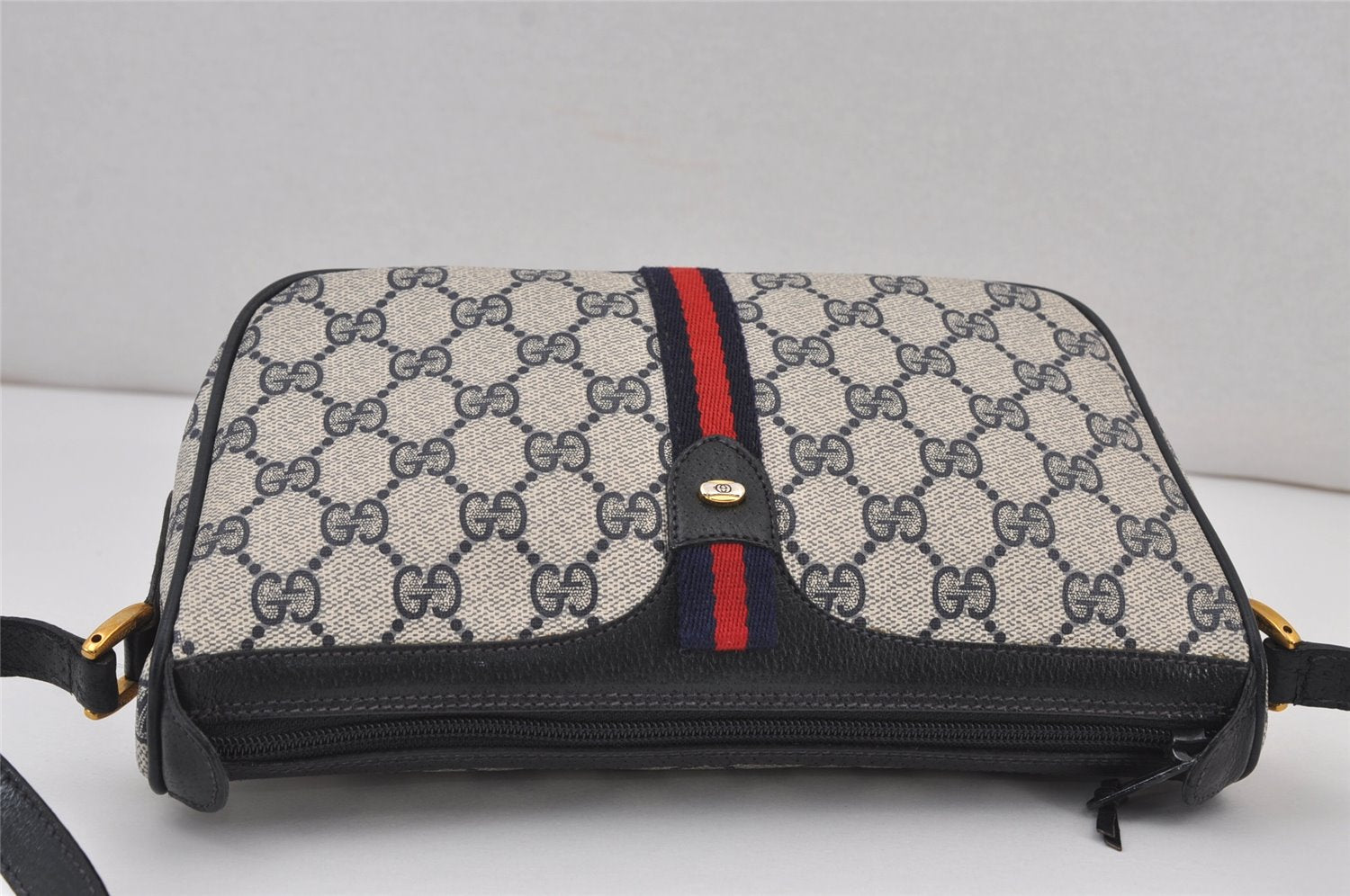 Authentic GUCCI Sherry Line Shoulder Cross Bag GG PVC Leather Navy Blue 8178J