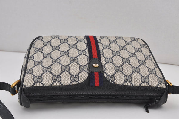 Authentic GUCCI Sherry Line Shoulder Cross Bag GG PVC Leather Navy Blue 8178J