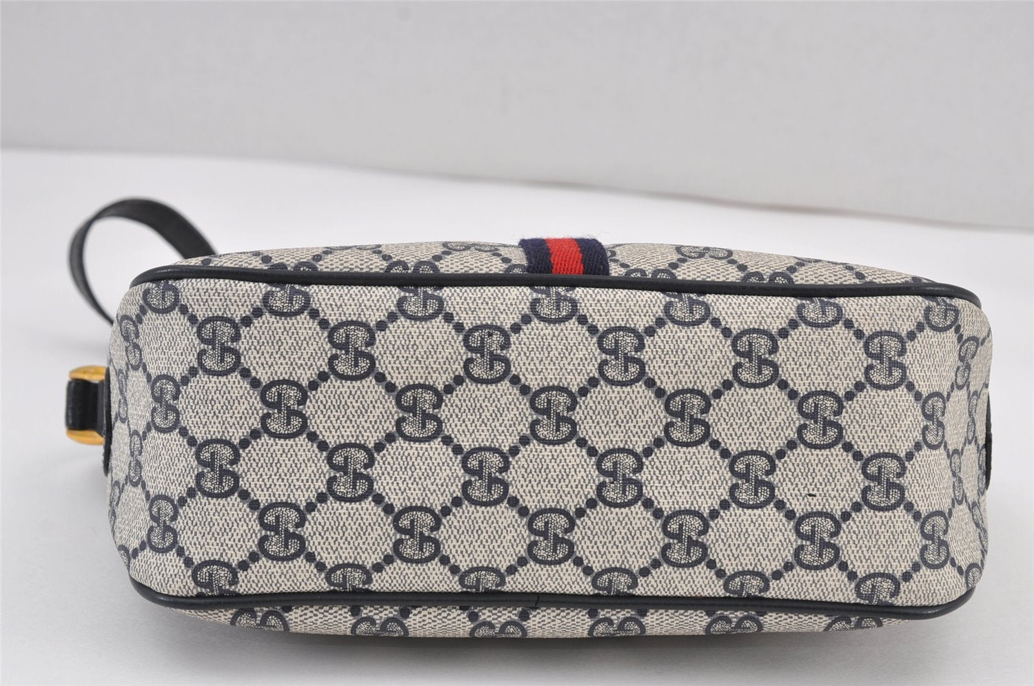 Authentic GUCCI Sherry Line Shoulder Cross Bag GG PVC Leather Navy Blue 8178J