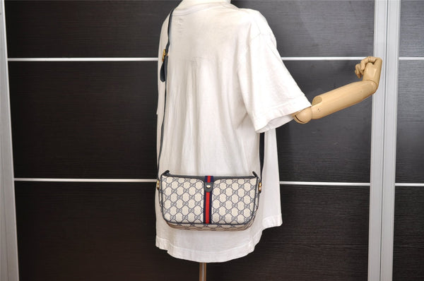 Authentic GUCCI Sherry Line Shoulder Cross Bag GG PVC Leather Navy Blue 8178J