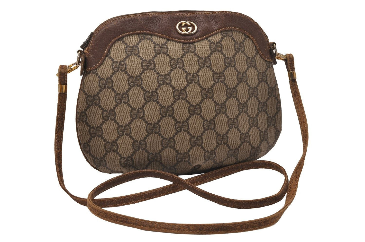Authentic GUCCI Vintage Shoulder Cross Body Bag Purse GG PVC Leather Brown 8179J