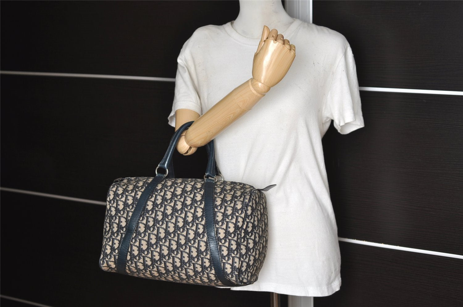 Authentic Christian Dior Trotter Hand Boston Bag Purse Canvas Leather Blue 8191I