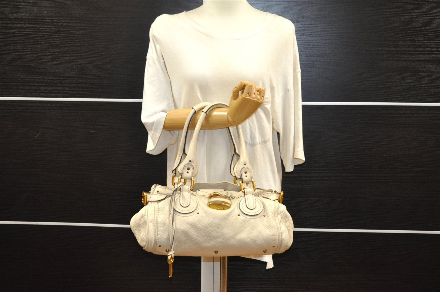 Authentic Chloe Vintage Paddington Leather Shoulder Hand Bag White 8192I