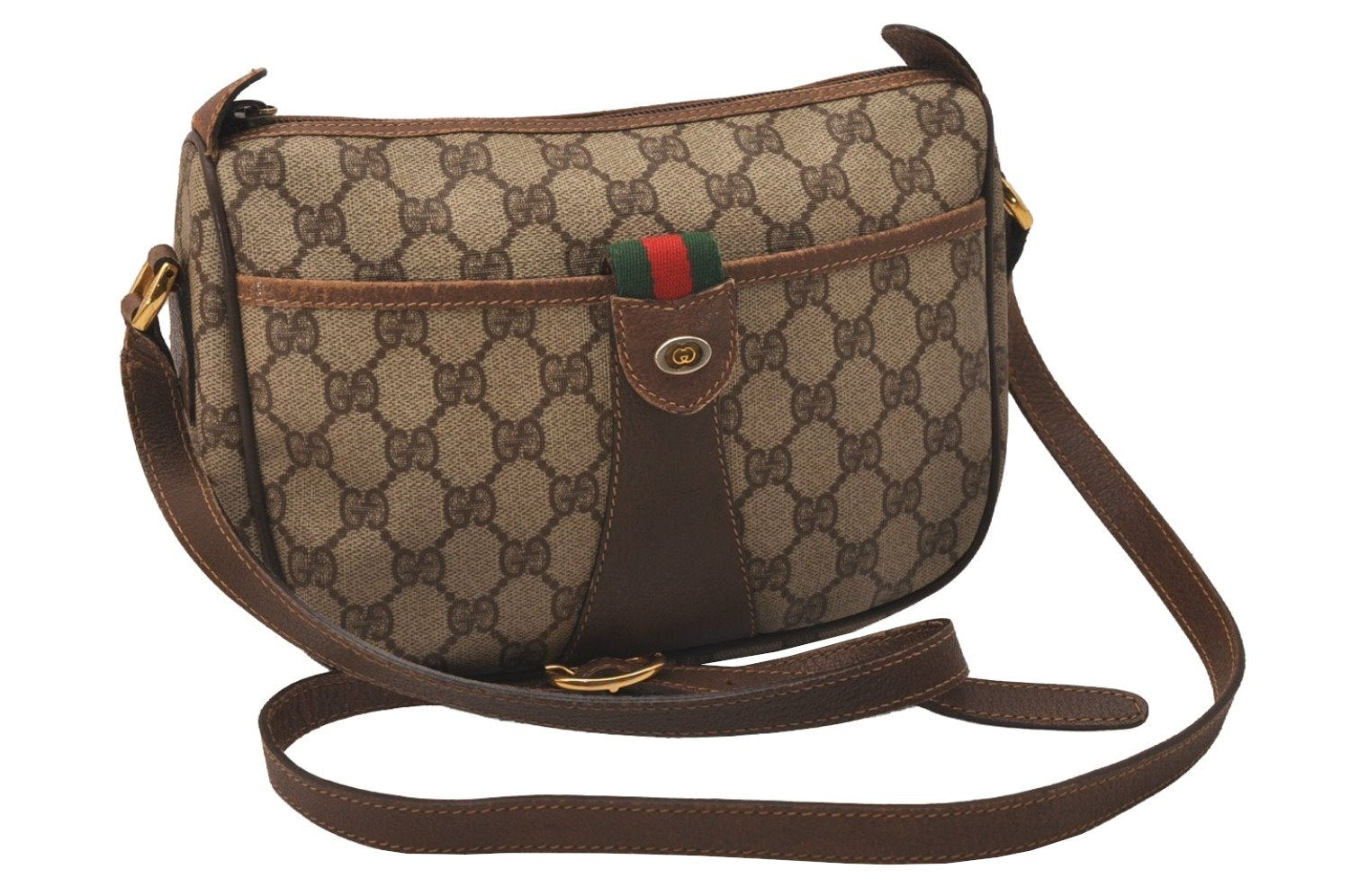 Authentic GUCCI Web Sherry Line Shoulder Cross Bag GG PVC Leather Brown 8195J