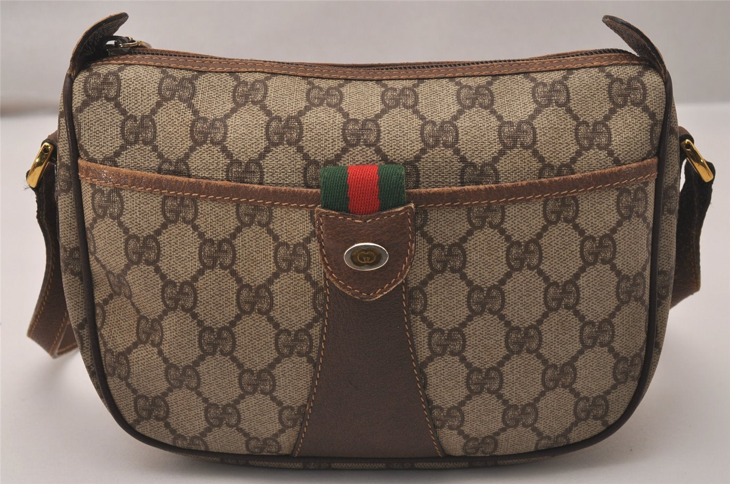 Authentic GUCCI Web Sherry Line Shoulder Cross Bag GG PVC Leather Brown 8195J