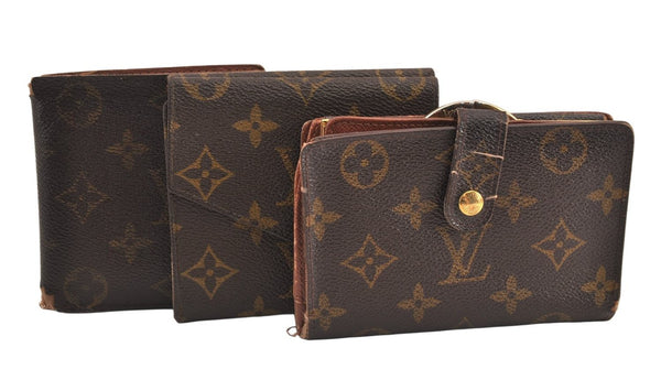 Authentic Louis Vuitton Monogram Bifold Wallet Purse 3Set Brown LV 8198M