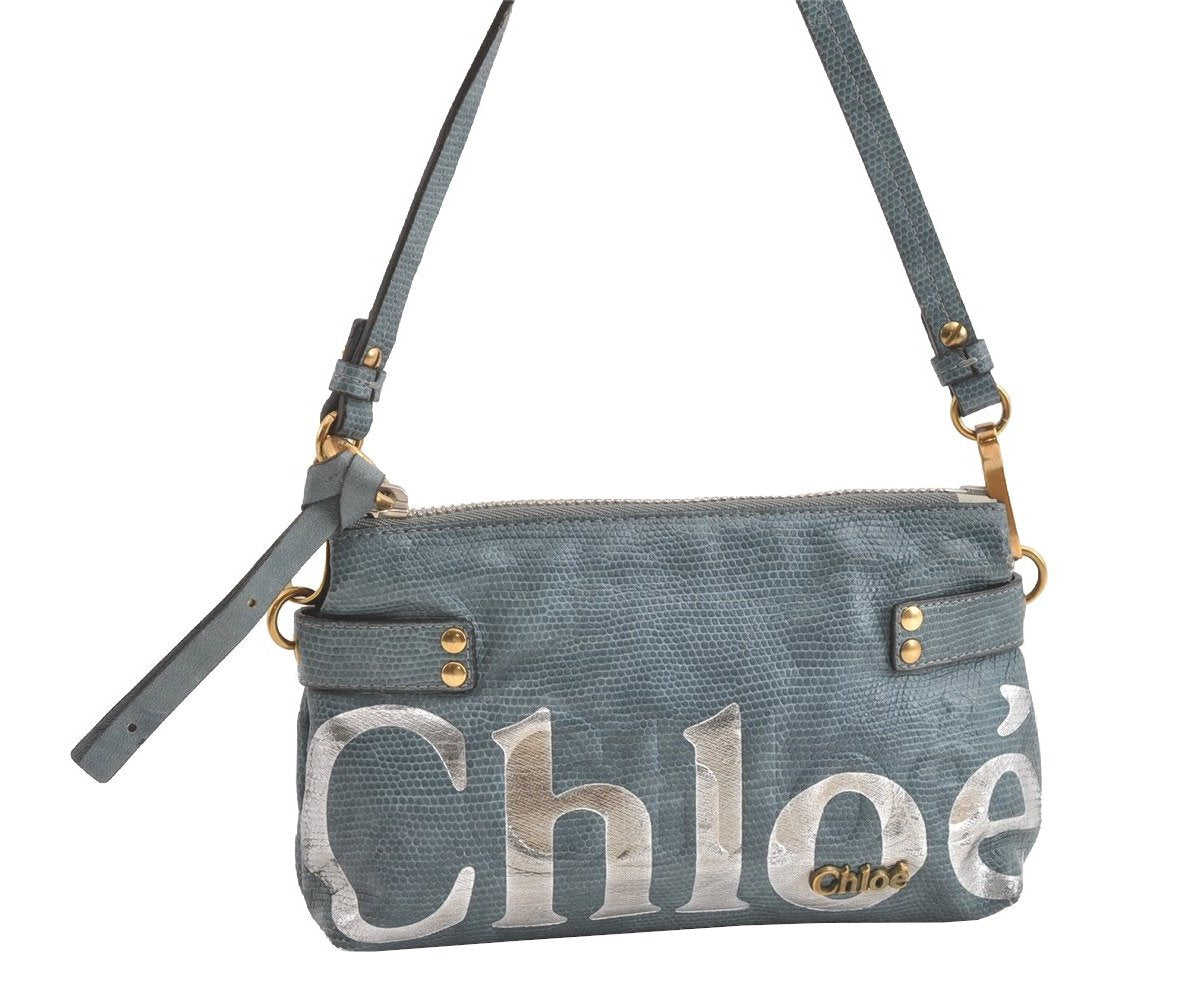 Authentic Chloe Vintage Eclipse Hand Pouch Bag Purse Leather Light Blue 8205J