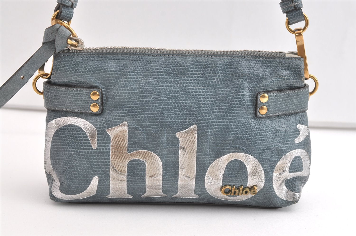 Authentic Chloe Vintage Eclipse Hand Pouch Bag Purse Leather Light Blue 8205J