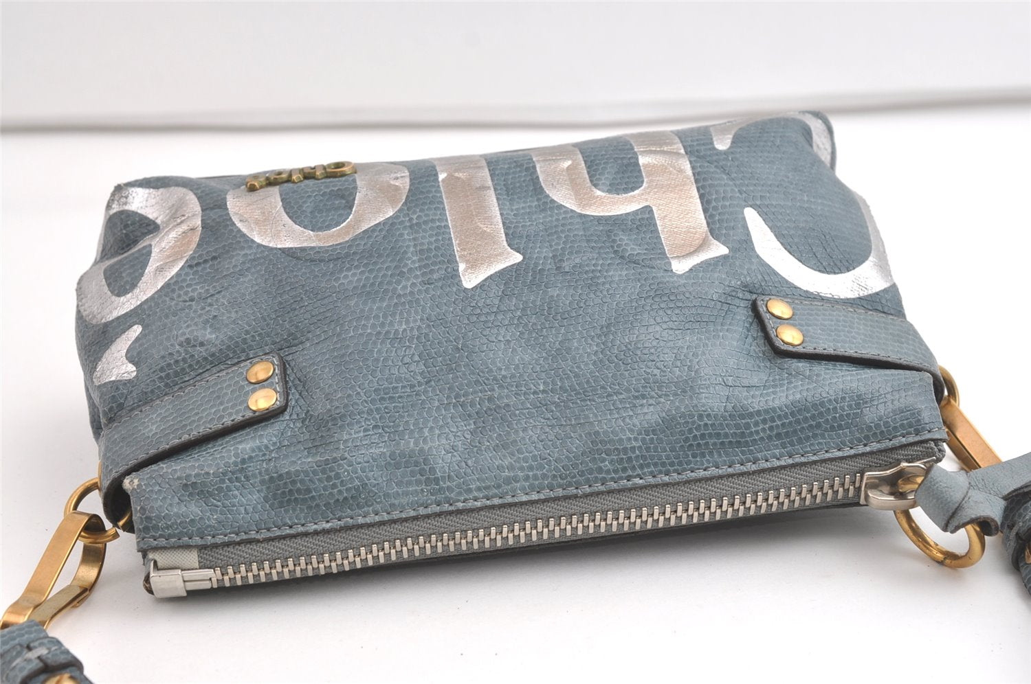 Authentic Chloe Vintage Eclipse Hand Pouch Bag Purse Leather Light Blue 8205J