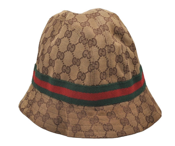 Auth GUCCI Web Sherry Line Bucket Hat GG Canvas Leather Size L 22.8" Brown 8207I