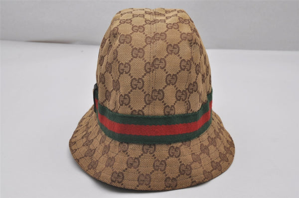 Auth GUCCI Web Sherry Line Bucket Hat GG Canvas Leather Size L 22.8" Brown 8207I