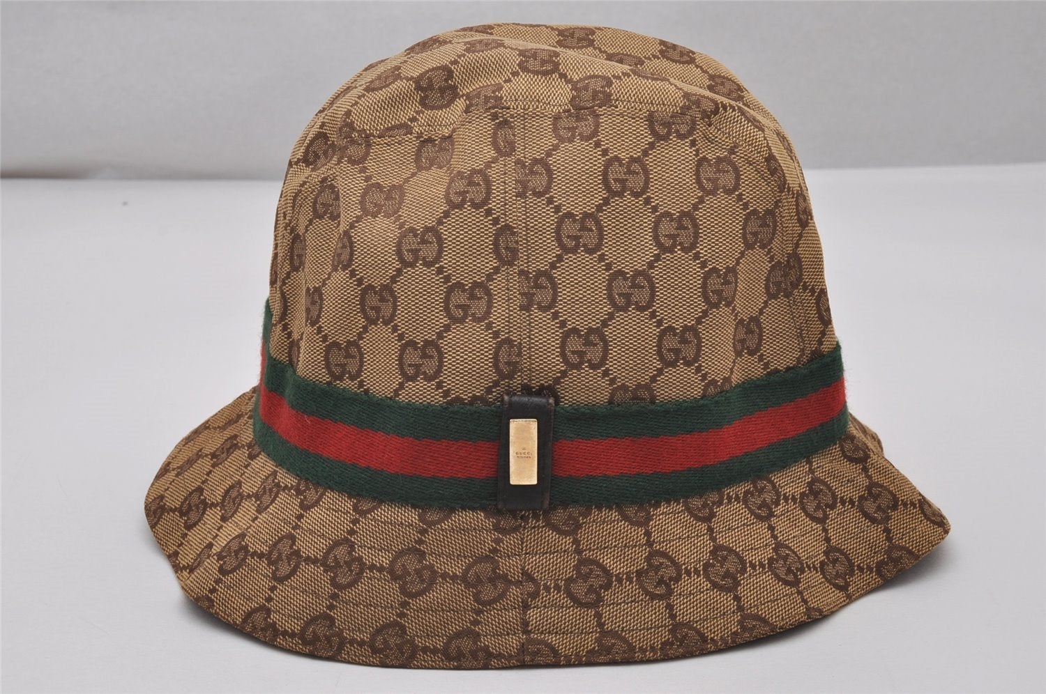 Auth GUCCI Web Sherry Line Bucket Hat GG Canvas Leather Size L 22.8