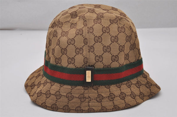 Auth GUCCI Web Sherry Line Bucket Hat GG Canvas Leather Size L 22.8" Brown 8207I