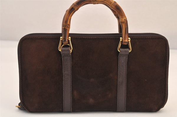 Authentic GUCCI Bamboo 2Way Shoulder Hand Long Wallet Suede Leather Brown 8211M