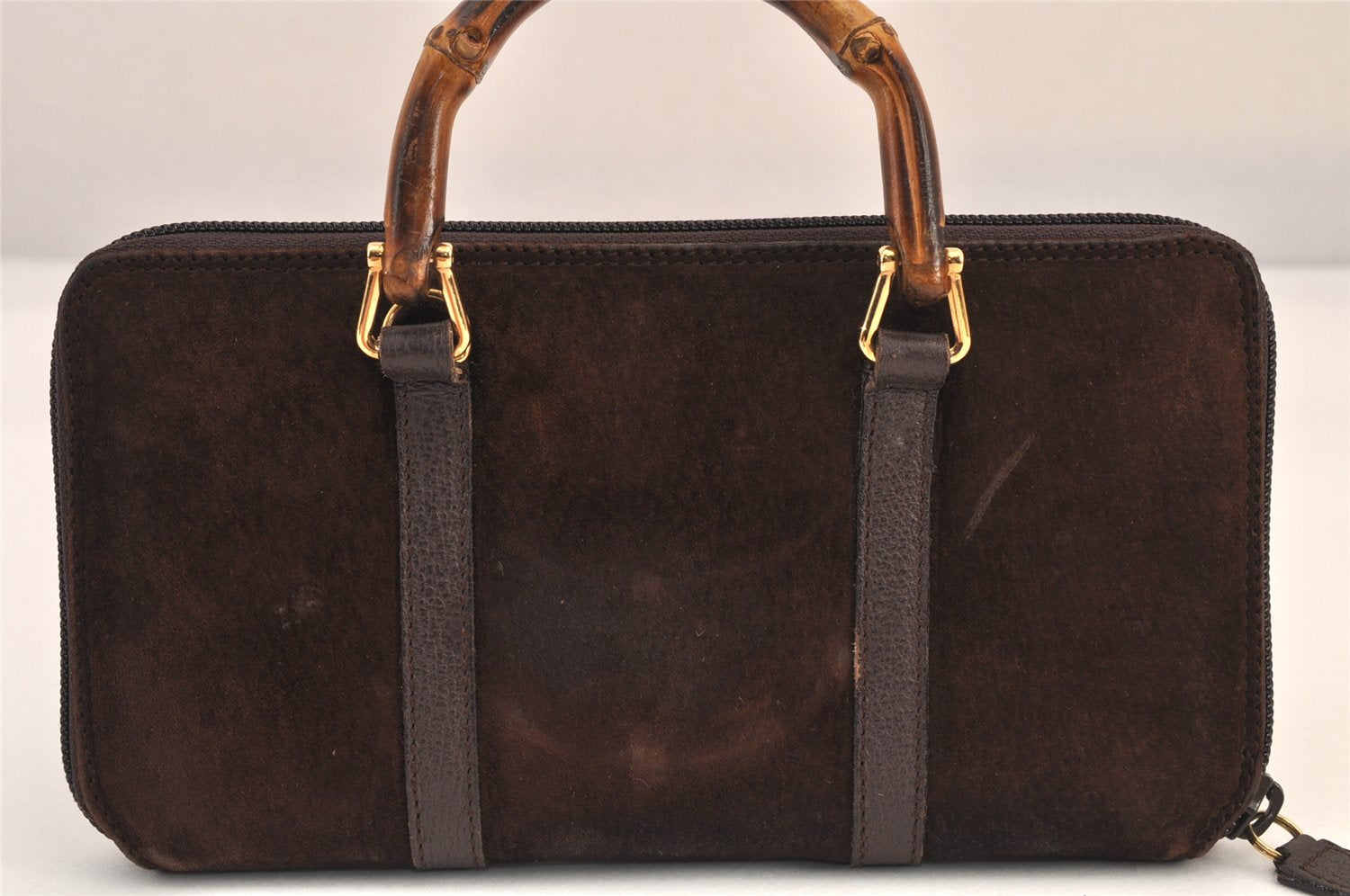 Authentic GUCCI Bamboo 2Way Shoulder Hand Long Wallet Suede Leather Brown 8211M