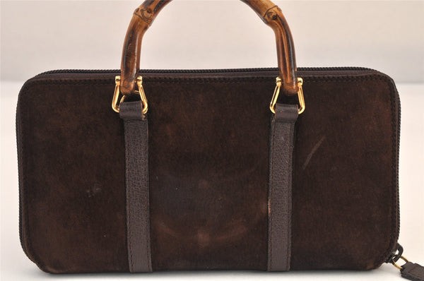 Authentic GUCCI Bamboo 2Way Shoulder Hand Long Wallet Suede Leather Brown 8211M