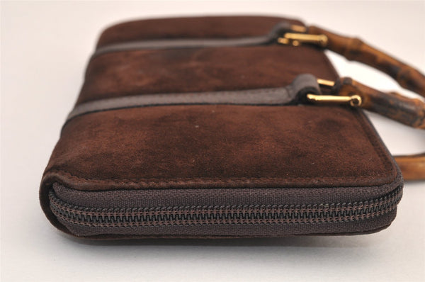 Authentic GUCCI Bamboo 2Way Shoulder Hand Long Wallet Suede Leather Brown 8211M