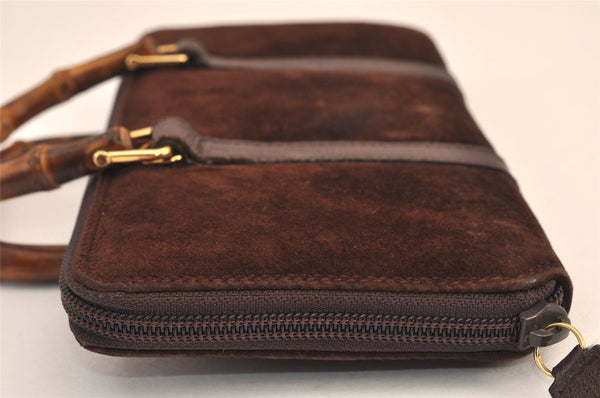Authentic GUCCI Bamboo 2Way Shoulder Hand Long Wallet Suede Leather Brown 8211M