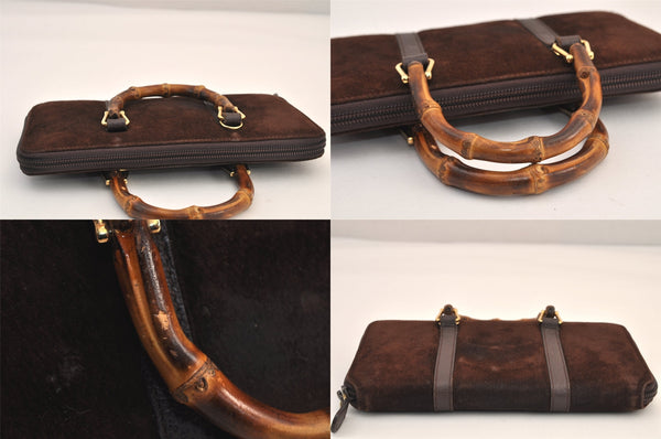 Authentic GUCCI Bamboo 2Way Shoulder Hand Long Wallet Suede Leather Brown 8211M
