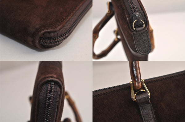 Authentic GUCCI Bamboo 2Way Shoulder Hand Long Wallet Suede Leather Brown 8211M