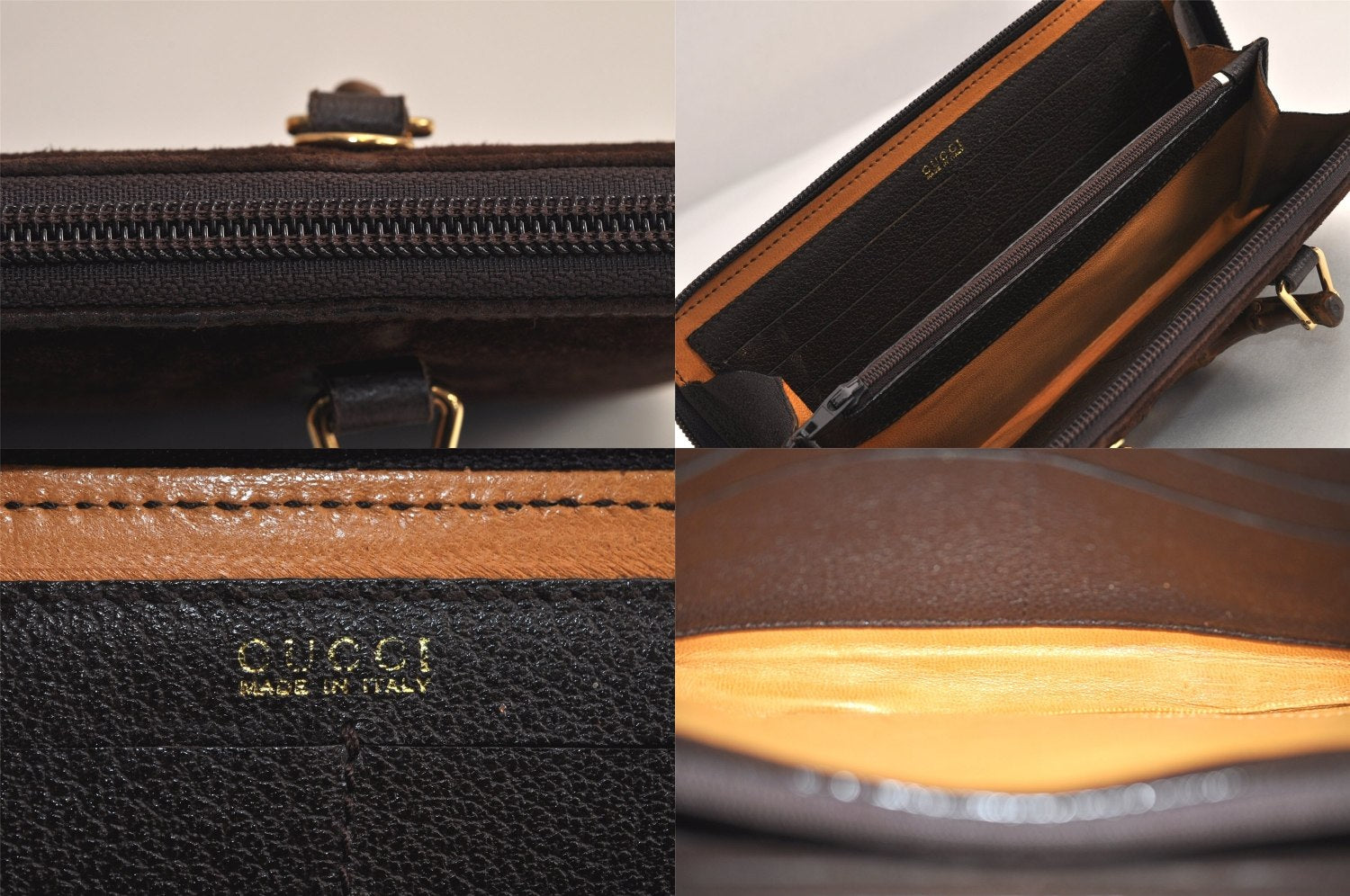 Authentic GUCCI Bamboo 2Way Shoulder Hand Long Wallet Suede Leather Brown 8211M