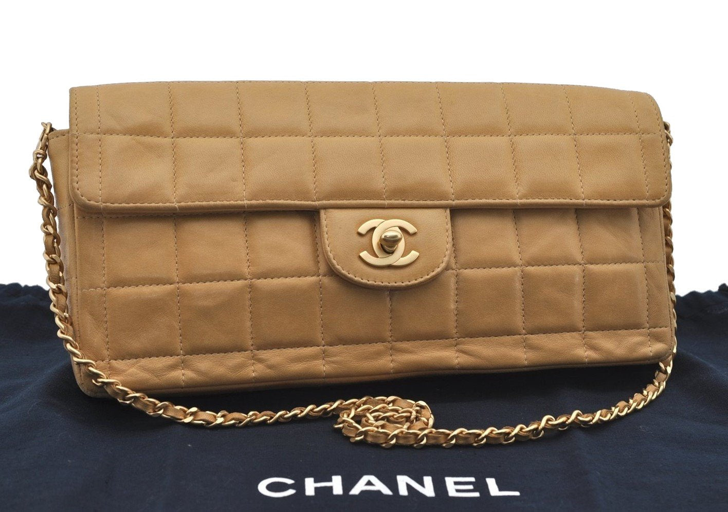 Authentic CHANEL Turnlock Chocolate Bar Calf Skin Chain Shoulder Bag Beige 8217I