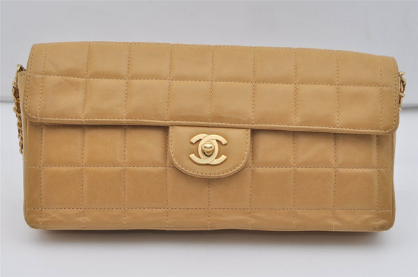 Authentic CHANEL Turnlock Chocolate Bar Calf Skin Chain Shoulder Bag Beige 8217I