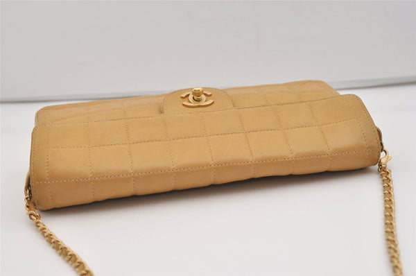 Authentic CHANEL Turnlock Chocolate Bar Calf Skin Chain Shoulder Bag Beige 8217I