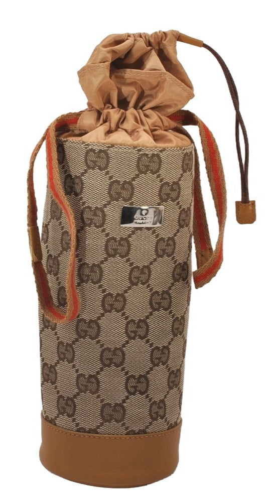 Authentic GUCCI Sherry Line Drawstring Pouch Purse GG Canvas Leather Brown 8221I