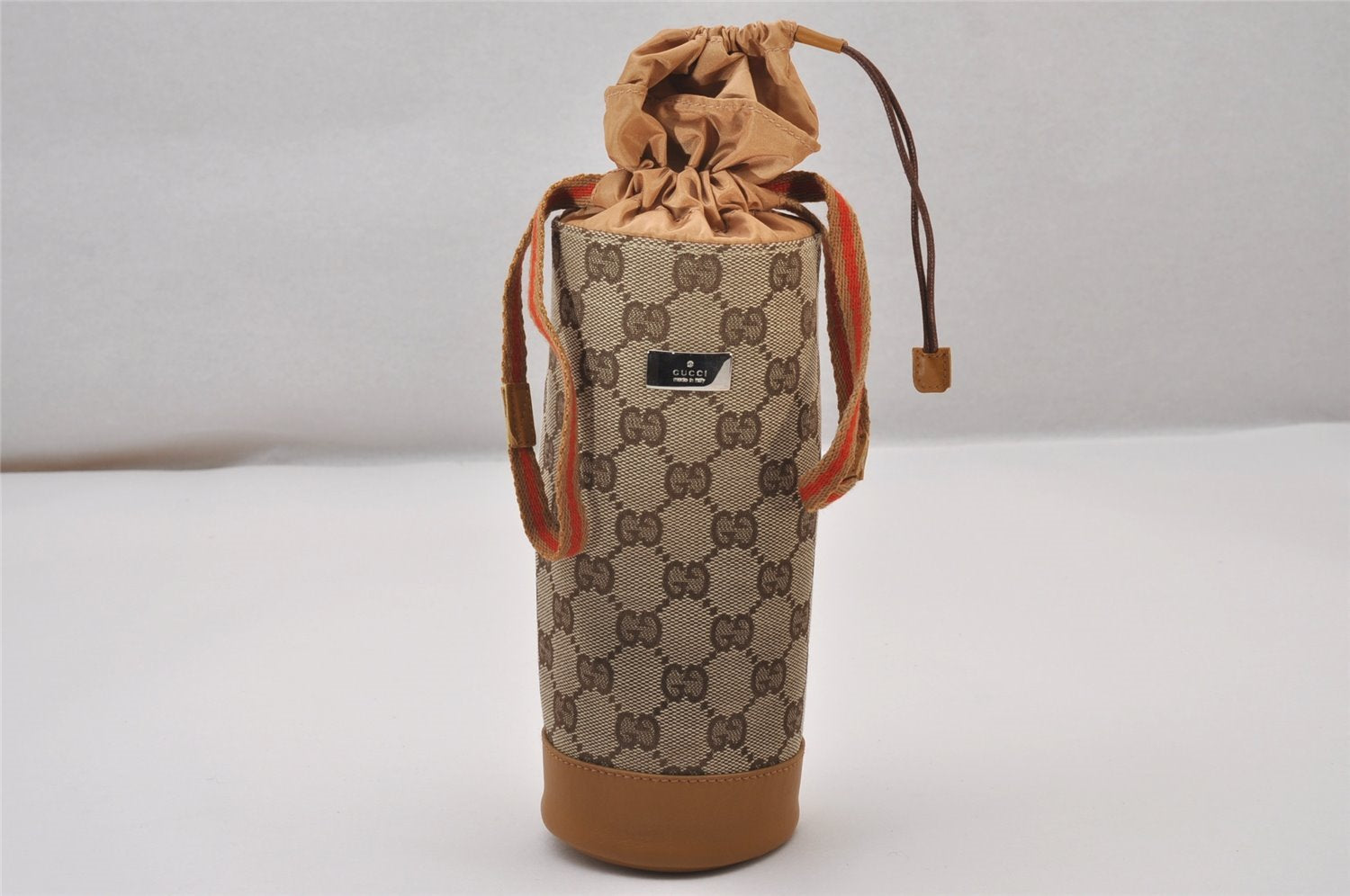 Authentic GUCCI Sherry Line Drawstring Pouch Purse GG Canvas Leather Brown 8221I