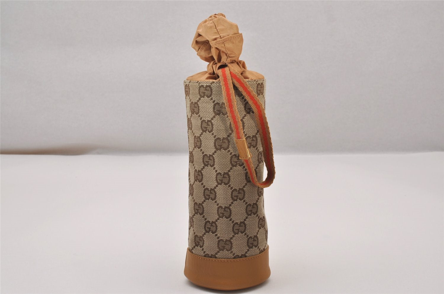 Authentic GUCCI Sherry Line Drawstring Pouch Purse GG Canvas Leather Brown 8221I