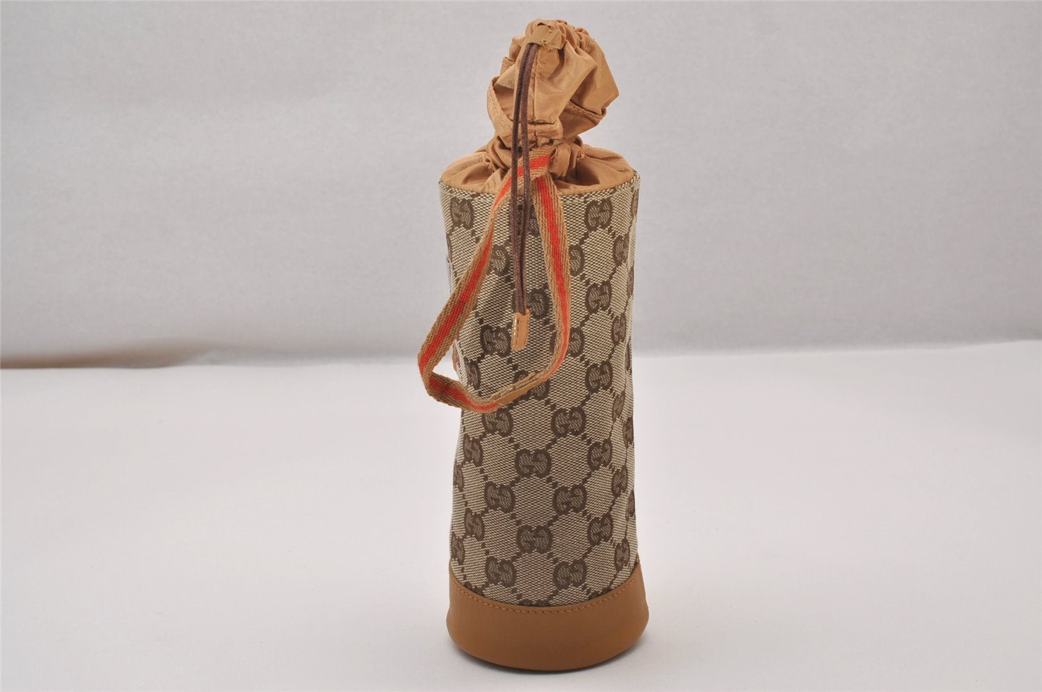 Authentic GUCCI Sherry Line Drawstring Pouch Purse GG Canvas Leather Brown 8221I