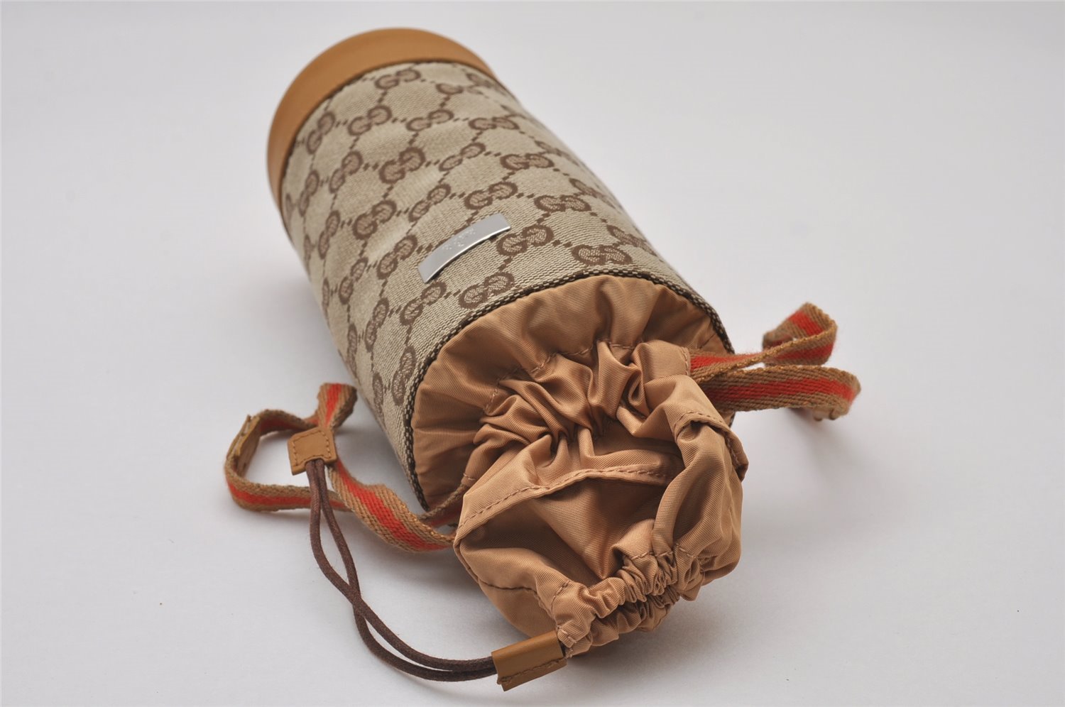 Authentic GUCCI Sherry Line Drawstring Pouch Purse GG Canvas Leather Brown 8221I