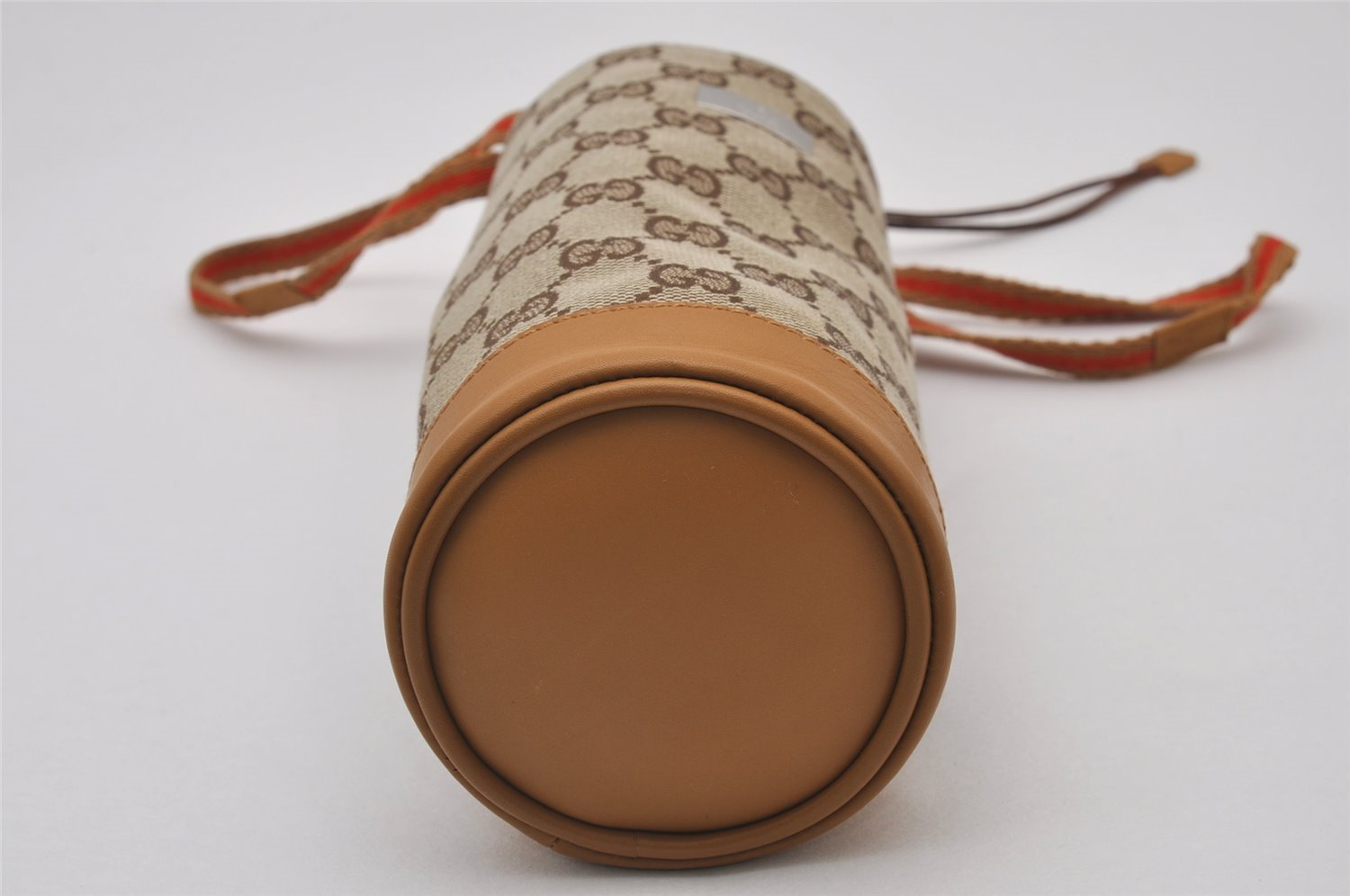 Authentic GUCCI Sherry Line Drawstring Pouch Purse GG Canvas Leather Brown 8221I