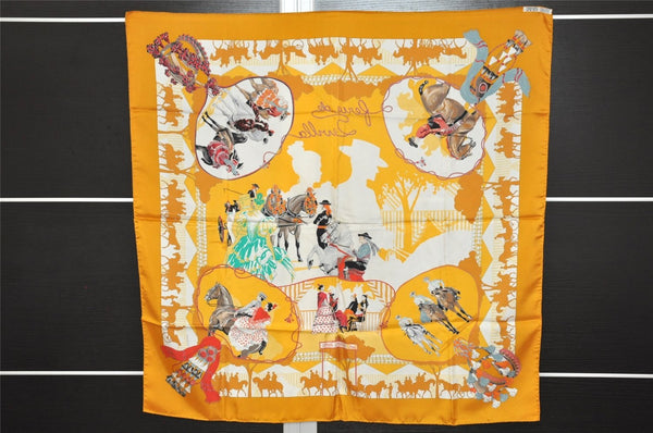 Authentic HERMES Carre 90 Scarf "Ferea de Levlla" Silk Orange 8221J