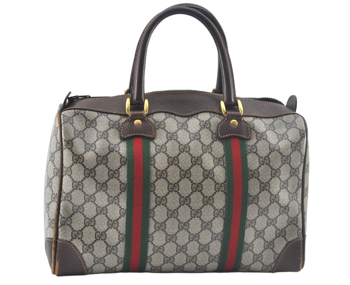 Authentic GUCCI Web Sherry Line Hand Boston Bag GG PVC Leather Brown Junk 8224H