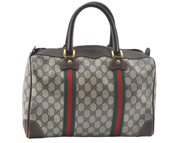 Authentic GUCCI Web Sherry Line Hand Boston Bag GG PVC Leather Brown Junk 8224H