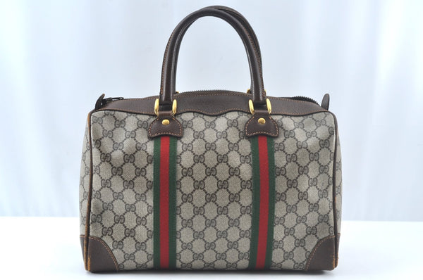 Authentic GUCCI Web Sherry Line Hand Boston Bag GG PVC Leather Brown Junk 8224H